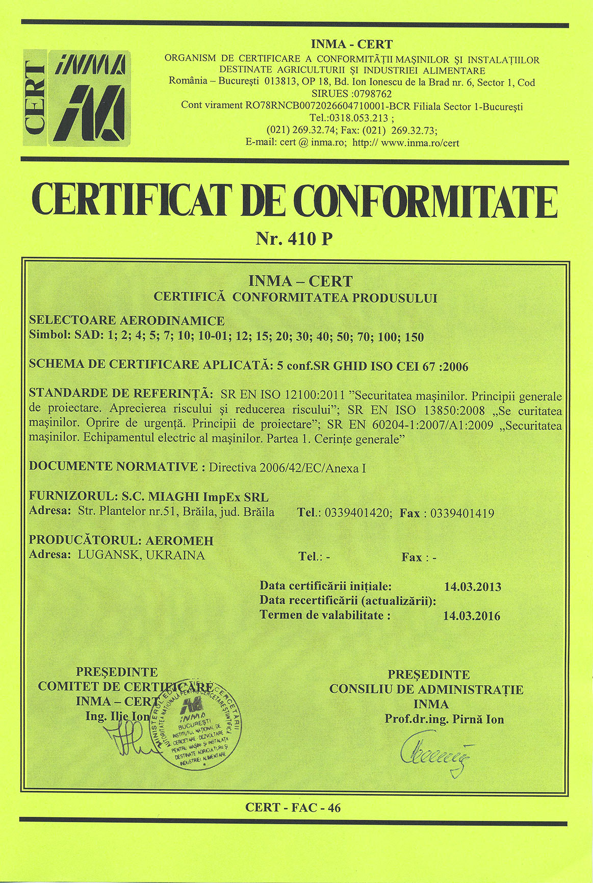 Le certificat donne la possibilité de marquer les séparateurs par le signe CE.